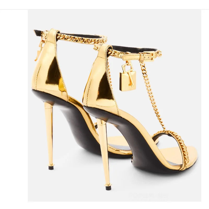 Fashion Minimalist Gold Chain Padlock High-heel Sandals European American Sexy Slim Heel Open Toe Metal Chain Pointed High Heels