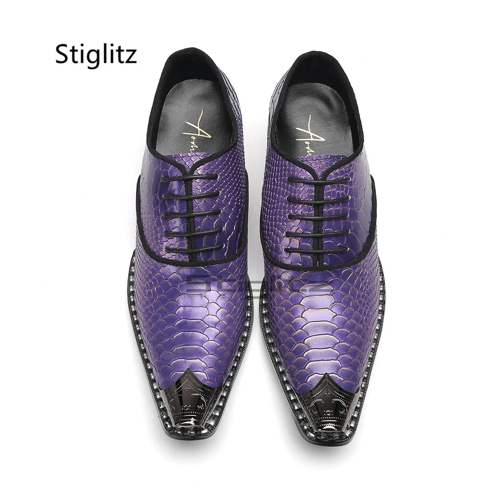 Purple Snake Grain Genuine Leather Shoes for Men Iron Pointed Toe Business Dress Shoes High Heels Luxury Lace Up Party Shoes