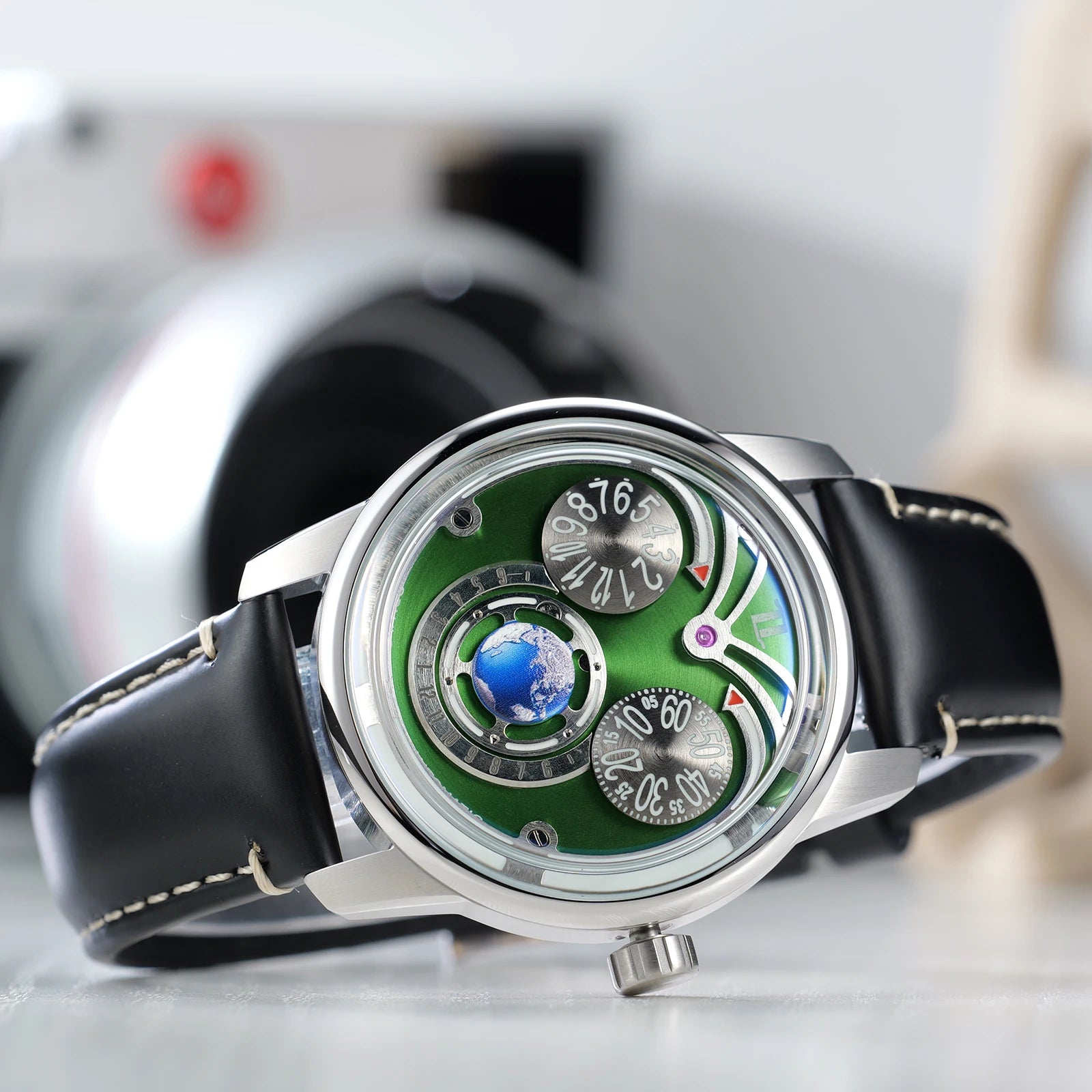 OBLVLO Fashion Eagle 3 Eyes Automatic Watch for Men Green Dial Blue Luminous Waterproof Mechanical Leather Watches JM-Eagle