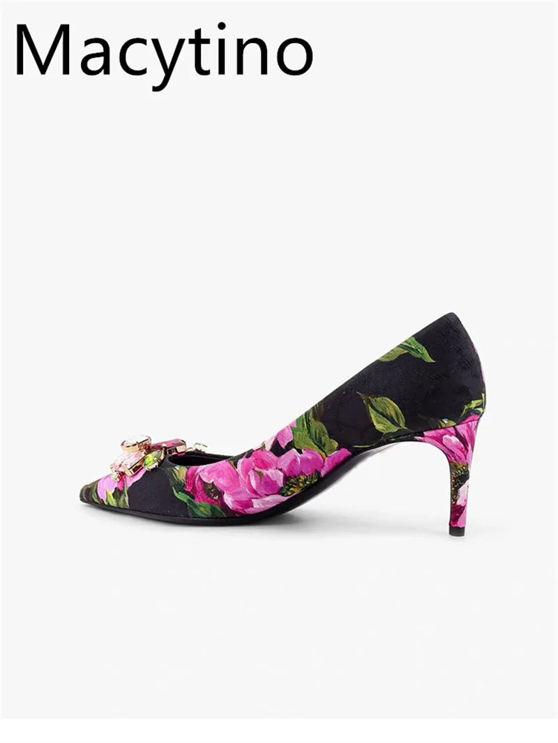 Ladies Spring Autumn Print Design High Heels Stilettos Pointed Toe Slingback Wedding Party Shoes Fashionable