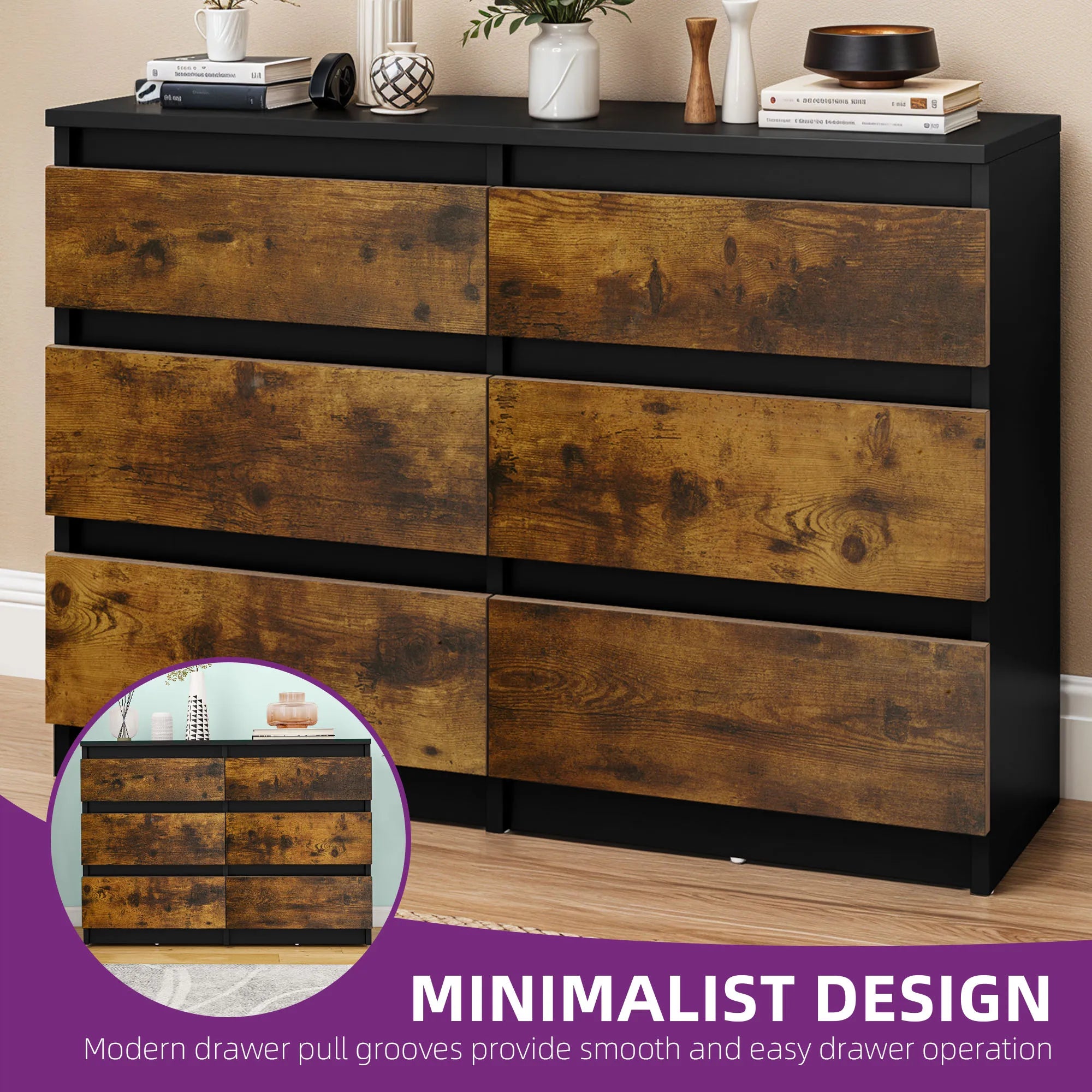 YITAHOME 6-Drawer Chest - Modern 100x30x70cm Bedroom Storage Unit, Durable MDF & Particleboard for Clothes & Essentials