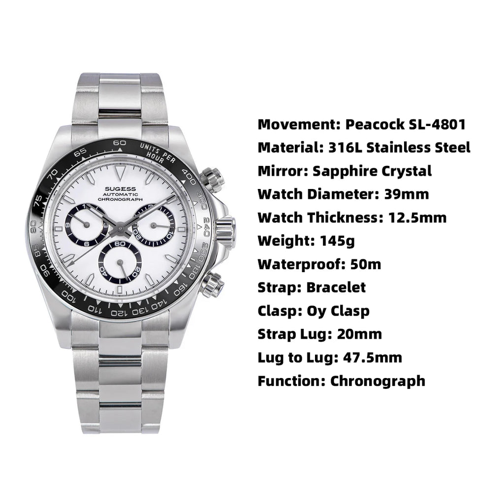 Sugess Panda Chronograph Movement Automatic Mechanical Chronograph Wristwatch Waterproof Diving Men Watches Ceramic Bezel Tona