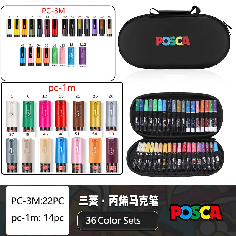POSCA Acrylic Markers Organized in Bags, 0.7-2.5mm School Coloring Pens, Handy Original Japanese Professional Art Paint Supplies