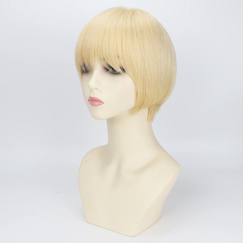 #613 Light Blonde Pixie Cut Wig with PU Front Mono Base Wig for Women Silk Crown Lace Back Real Virgin European Human Hair