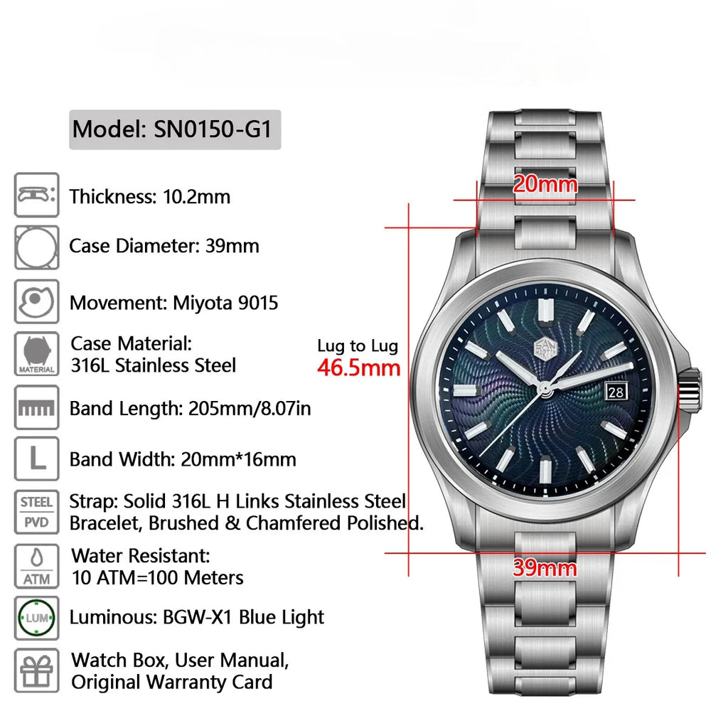 San Martin New SN0150 39mm Guilloche MOP Dial Gada Watch Miyota 9015 Luxury Automatic Mechanical Watches 10 ATM Reloj Watch Men