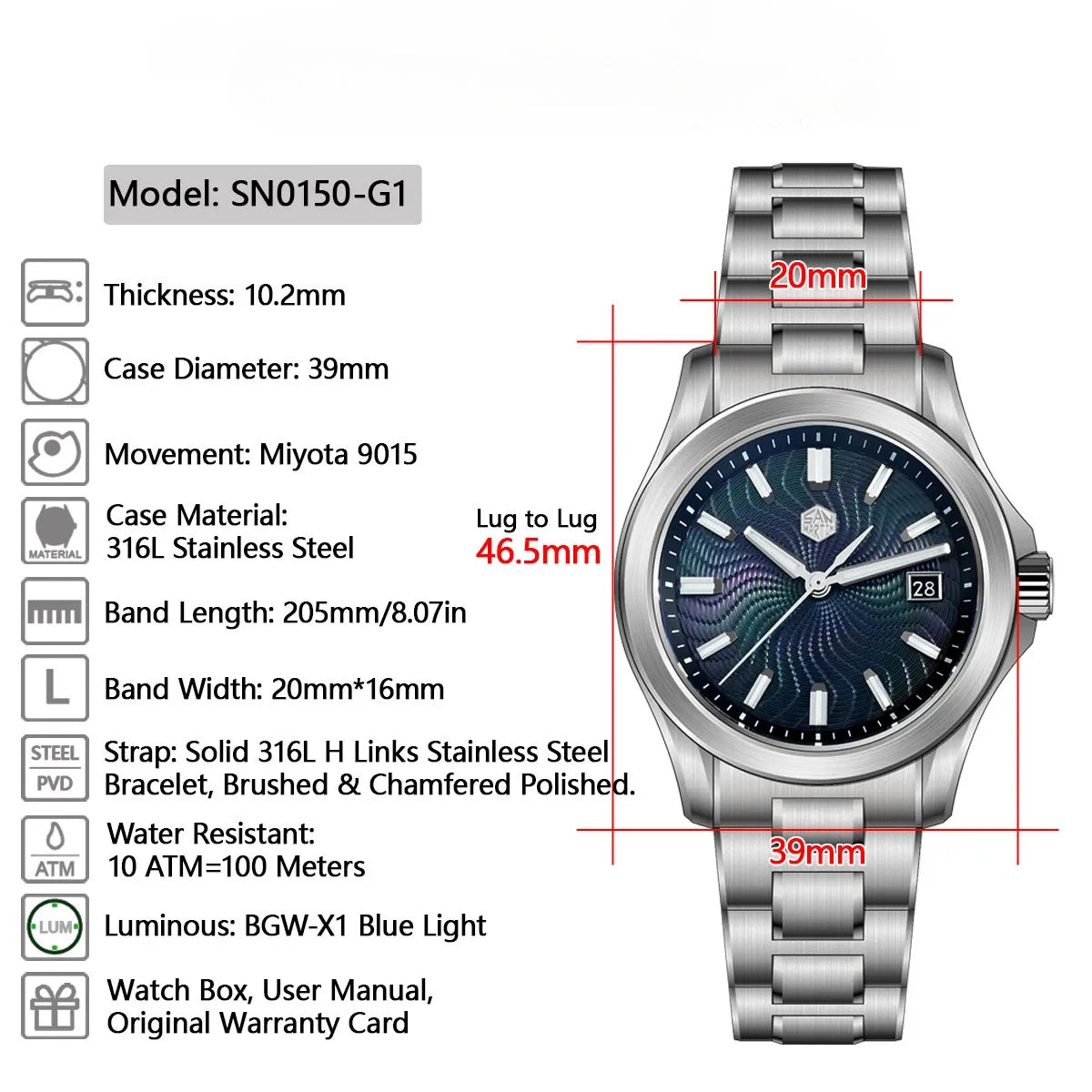 San Martin New SN0150 39mm Guilloche MOP Dial Gada Watch Miyota 9015 Luxury Automatic Mechanical Watches 10 ATM Reloj Watch Men