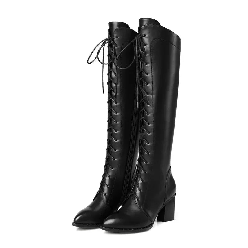 Women Knee High Boots 2026 Luxury Cow Genuine Leather Brown Black High Heels Long Boot Designer Female Winter Shoes Big Size 42
