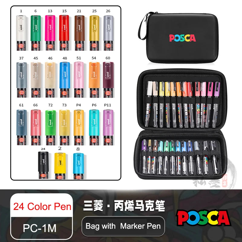 POSCA Acrylic Markers Organized in Bags, 0.7-2.5mm School Coloring Pens, Handy Original Japanese Professional Art Paint Supplies