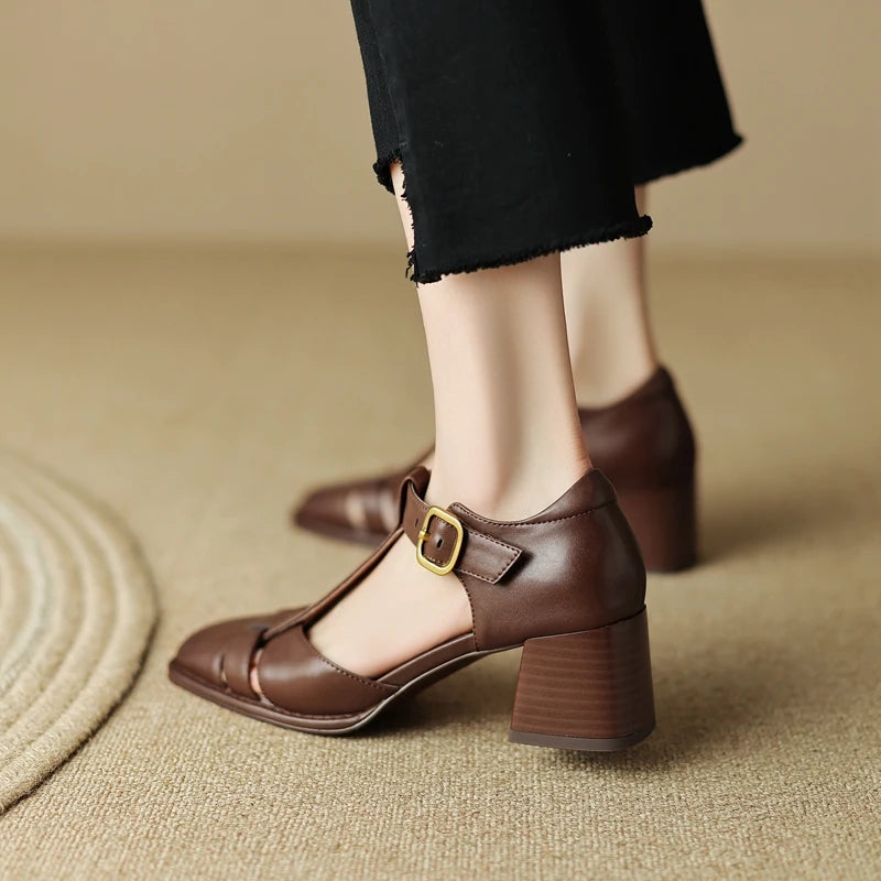 2025 New Fashion Classics Genuine Leather Sandals Woman Thick High Heels Sandals Office Ladies Dress Summer Shoes Heels Women