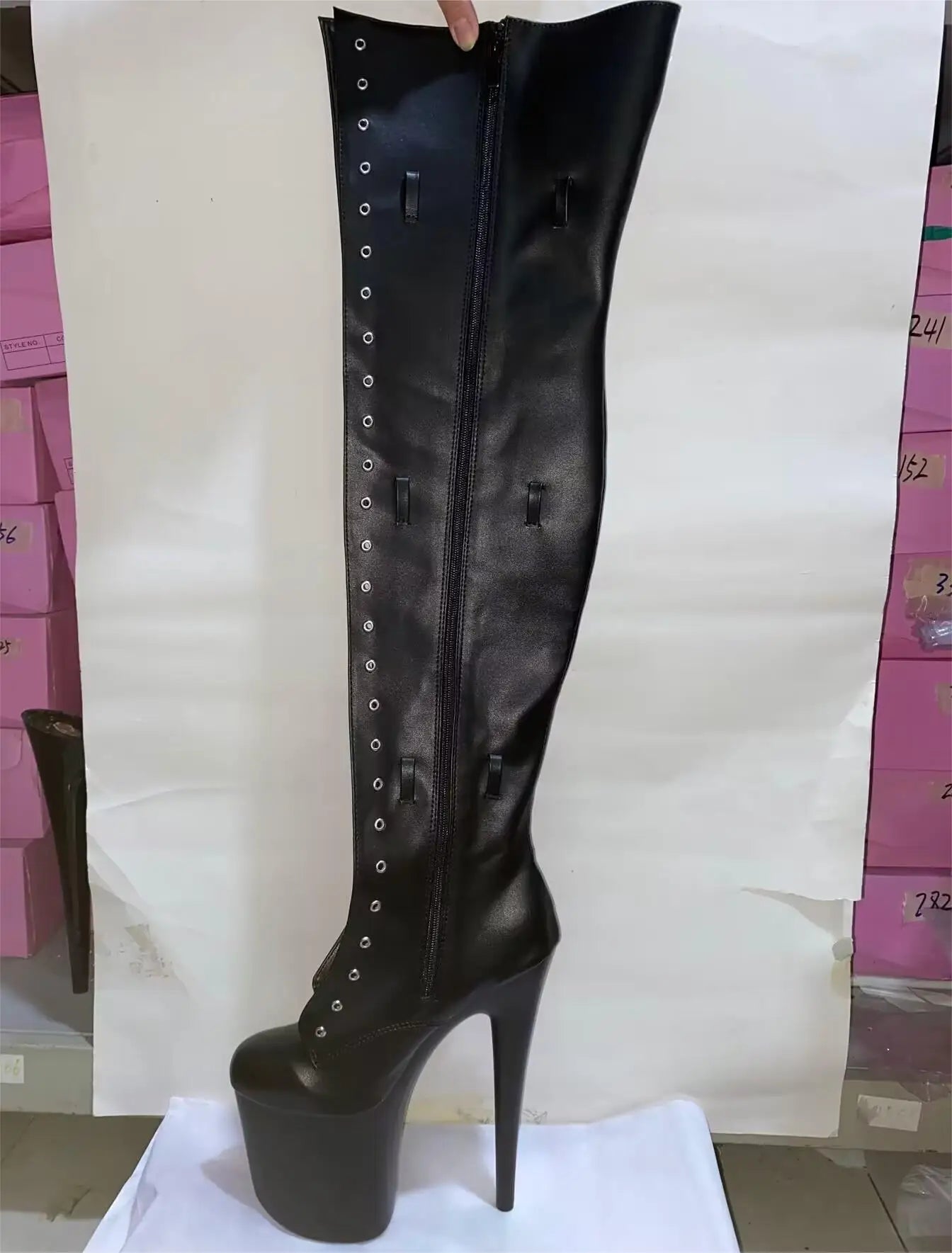 Pink 12-23cm high heels, buckle size adjustment, round head dancer fashion sexy runway performance, to thigh boots