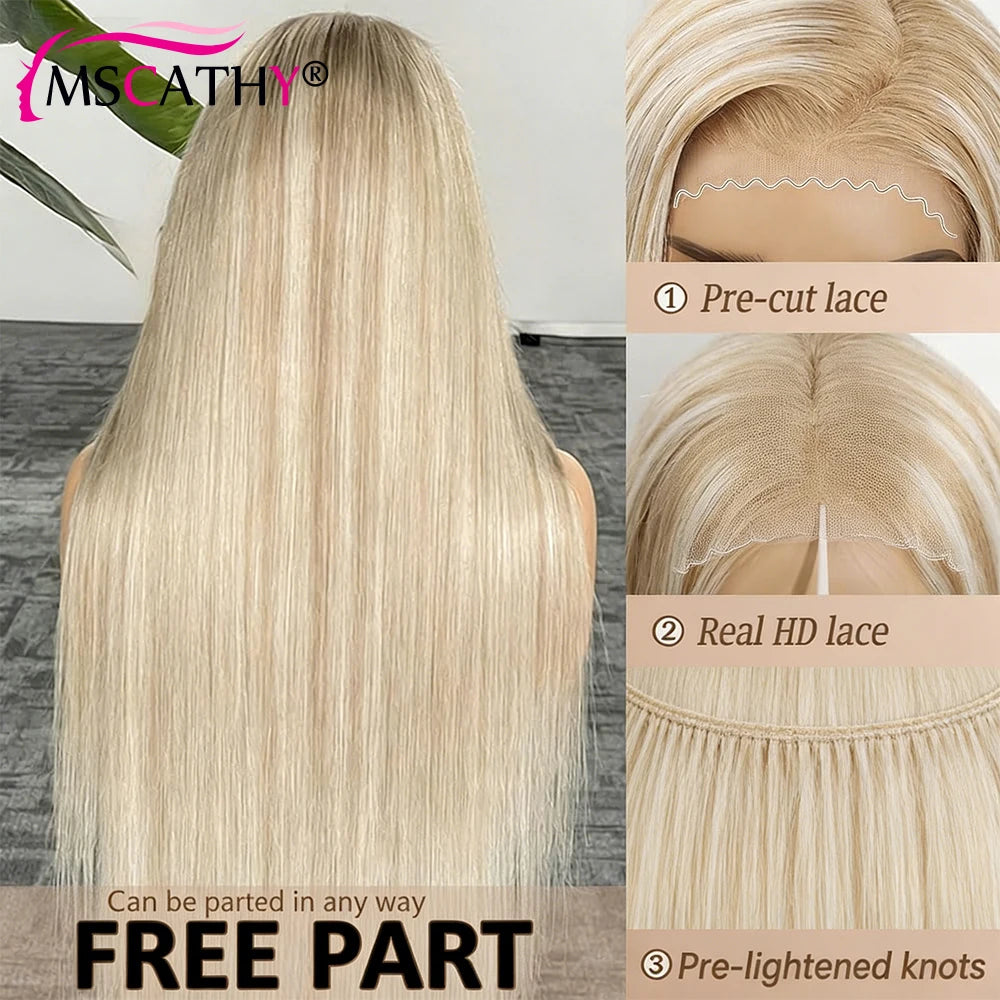 250% Beige Highlight Remy Human Hair Wigs For Women 13x4 Glueless UHD Transparent Lace Frontal Wig Straight Hair Wig Preplucked