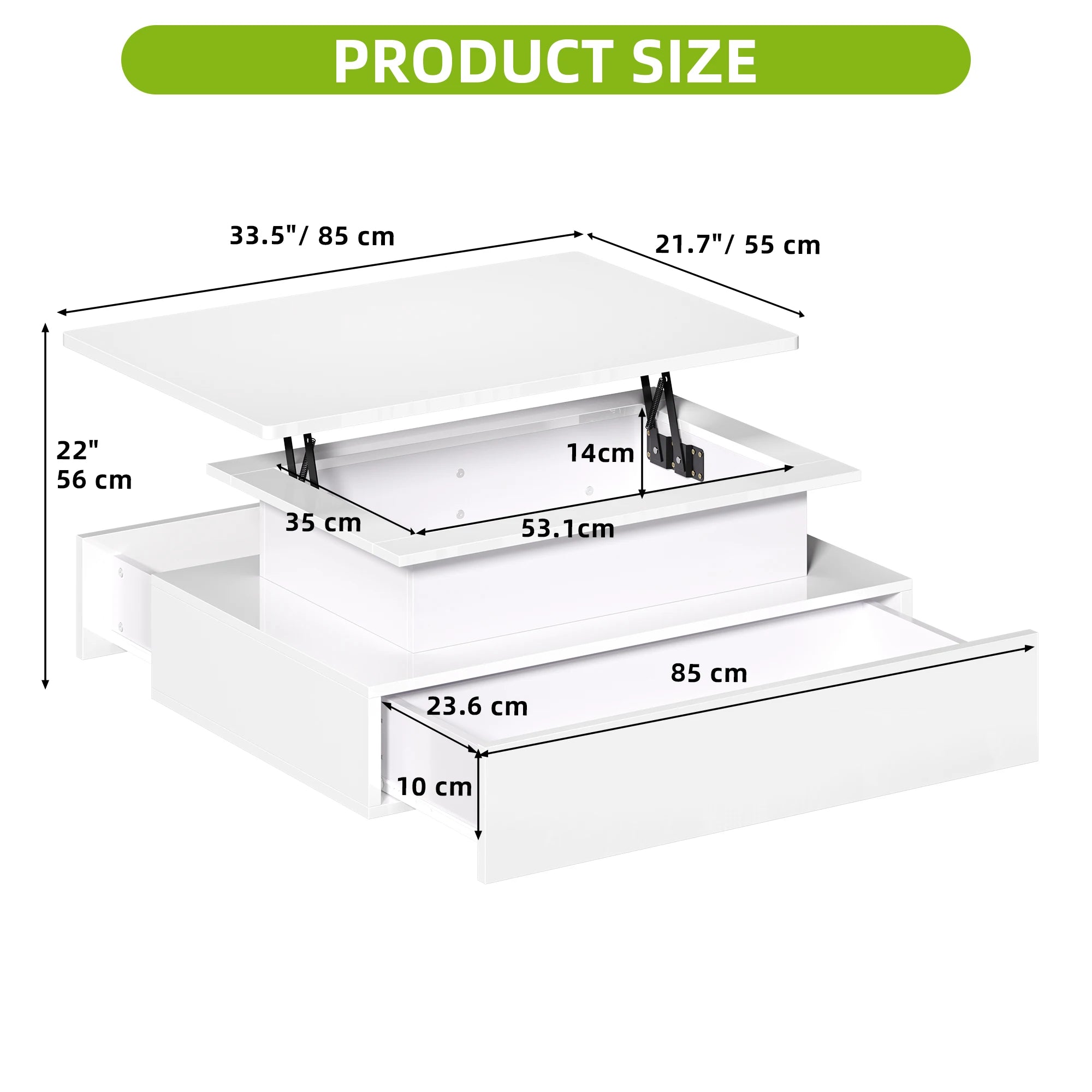 Balconera Lift-Top Coffee Table - Modern Rectangular with 16 Color LEDs & 2 Drawers, Elevated Surface with Lighting
