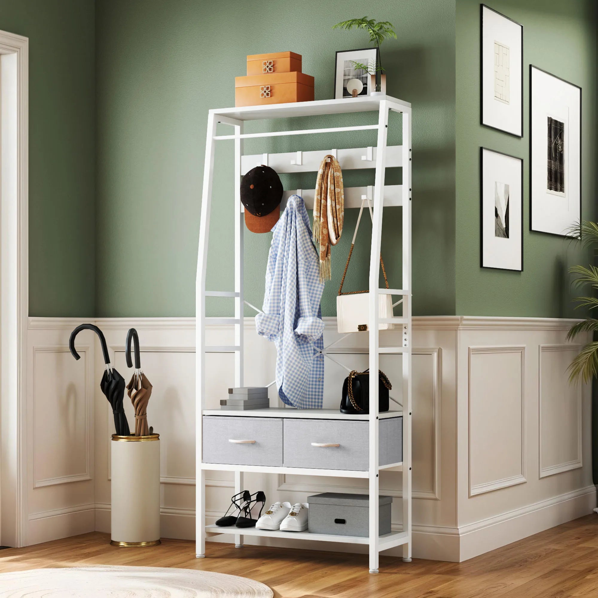 YITAHOME White Industrial Coat Rack - Hall Tree with Bench, 8 Hooks and 2 Foldable Drawers for Entryway Living Room