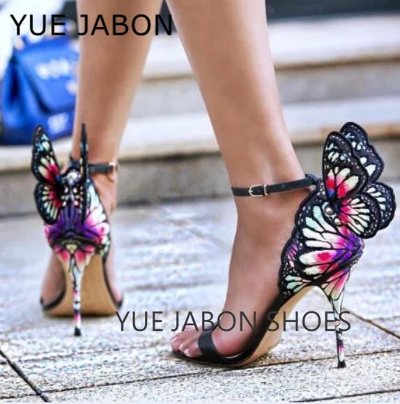 Black butterfly sandals leather metallic embroidered angel wings dress woman high heels open toe buckle strap lady thin pumps