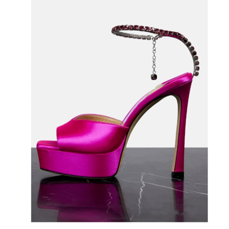 Colorful Chain Water Diamond Sandals Brand Walk Show Fish Mouth Evening Dress Elegant High Heels 2023 New Pendant Women's Shoes
