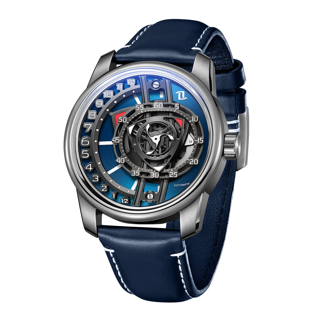 OBLVLO Fashion Men's Automatic Watch Forged Carbon Rotor Analog Display Luminous Hands Waterproof Leather Band Mechanical Watch.