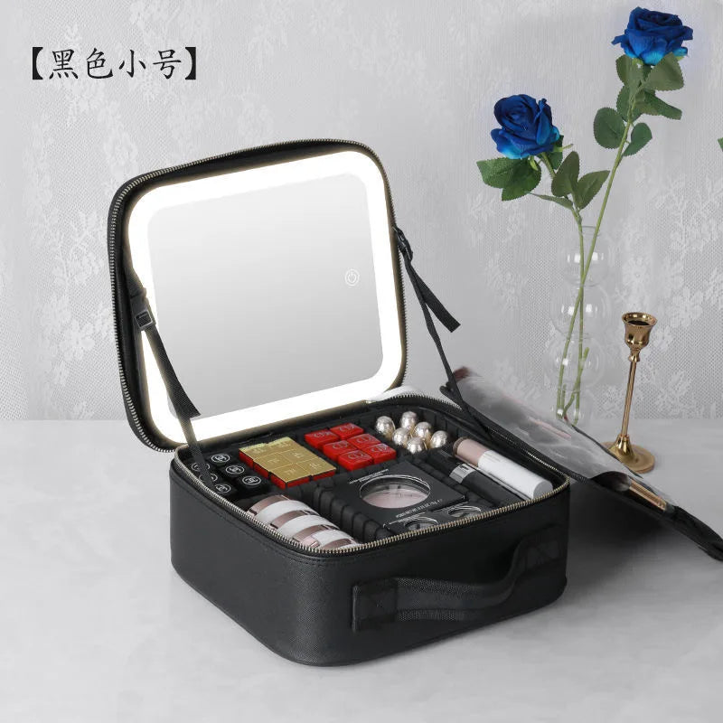 New LED Lighted Cosmetic Case with Mirror PU Leather Portable Travel Makeup Storage Bags