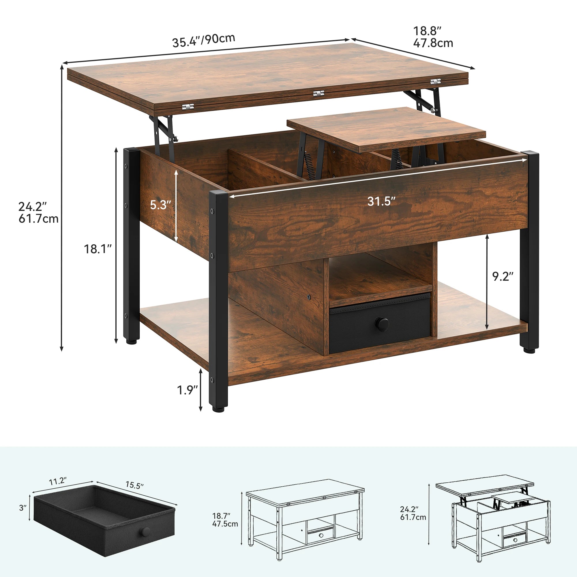 YITAHOME Lift Top 4-in-1 Coffee Table - Dining Table Convertible with Storage Drawers for Living Room