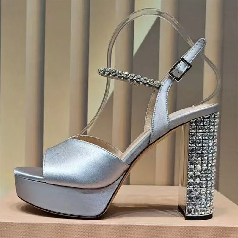 Summer Super High Heels Sandals Woman Rhinestone Studded Chunky Heels Party Shoes Woman Crystal Platform Sandals For Women