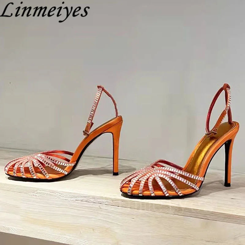 Rhinestone Sandals Woman High Heels Hollow Outs Summer Sandalias Woman Ankle Strap Crystal Shoes Women Stiletto Sandals Woman