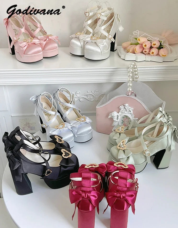 2024 New Spring Summer Ladies Elegant Waterproof Platform Satin Bow Chunky Heel Sweet Love Mary Jane Shoes High Heels for Women
