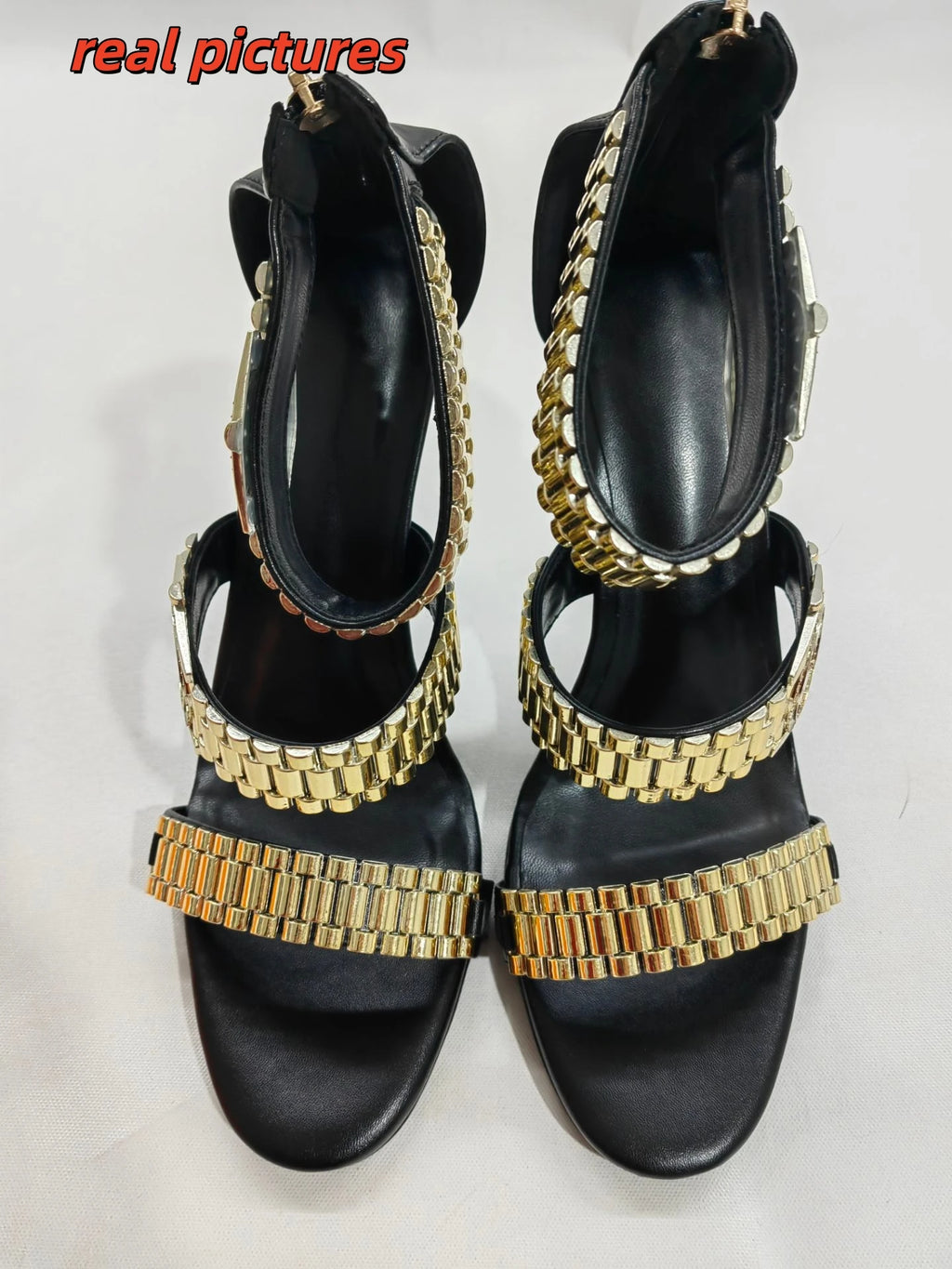 Womens Golden Watch Embellished Strap Sandals Sexy 12cm Stilettos High Heel Sandals Open Toe Ladies High Heels Party Shoes