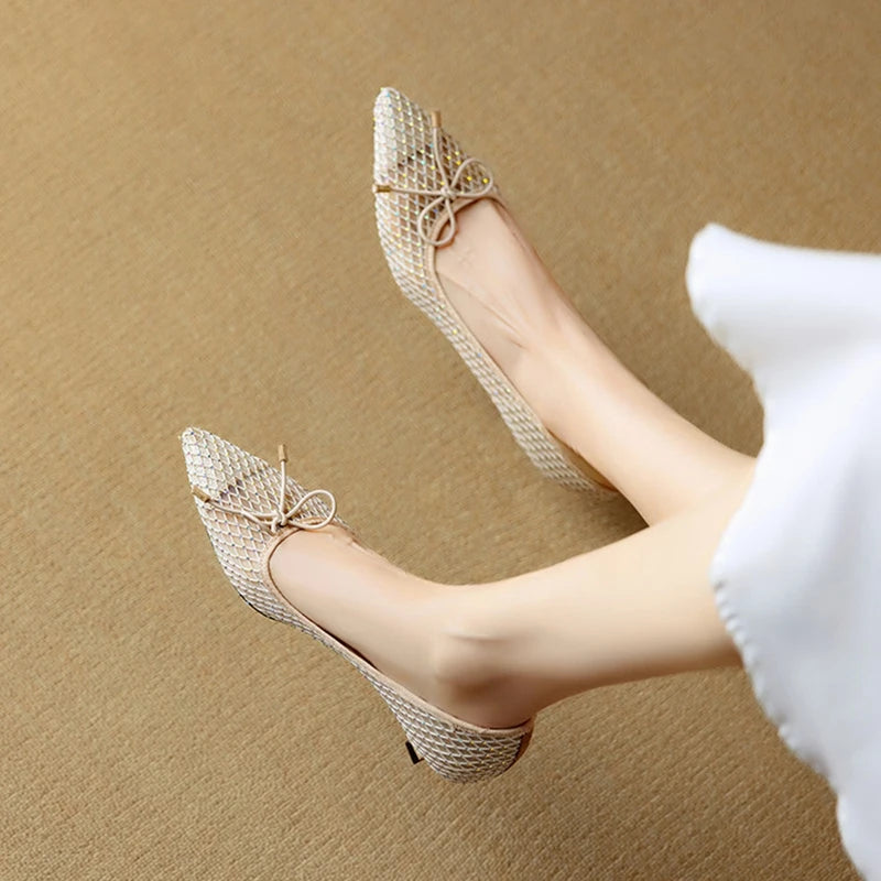 NEW Spring/Autumn Women Pumps Pointed Toe Thin Heel Shoes Sweet Mesh Shoes for Women Elegant Bow-knot Shallow Slip-on High Heels