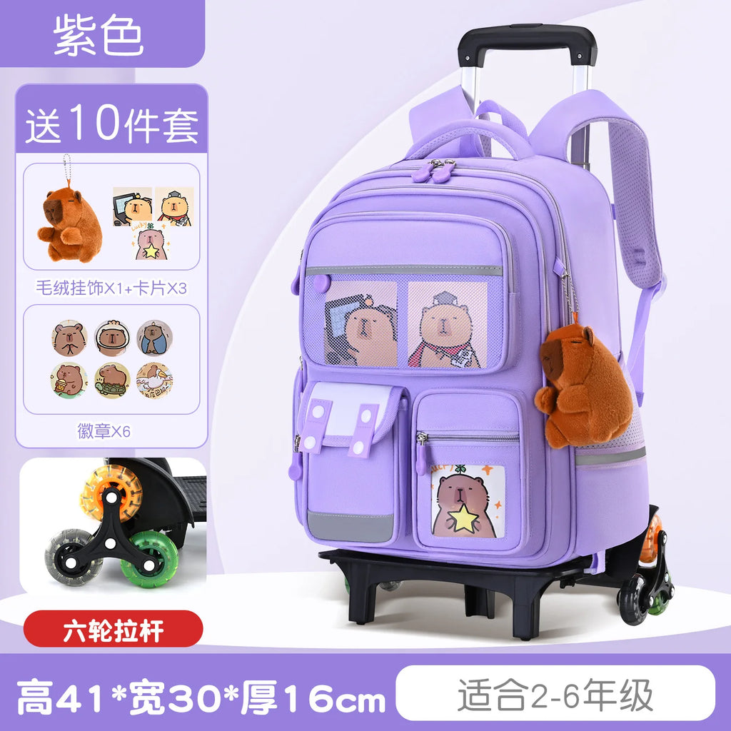 Capybara Children Cartoon School Backpack with Wheels Students Bags for Girls Boys Trolley  Schoolbag Rolling Wheeled Backpacks