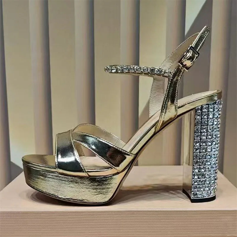 Summer Super High Heels Sandals Woman Rhinestone Studded Chunky Heels Party Shoes Woman Crystal Platform Sandals For Women