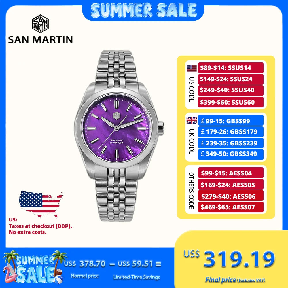 San Martin 39mm Miyota 90S5 MOP Dial Men GADA Wristwatch Automatic Watches Mechanical BGW-X1 10Bar Luminous SN0144GX-4/7