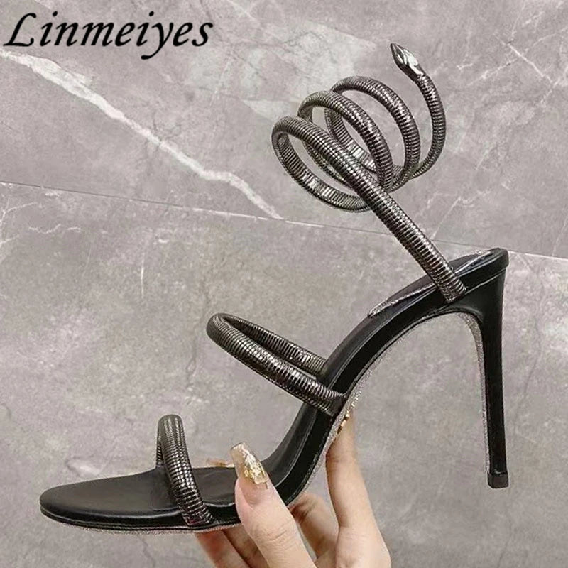 Summer High Heels Sandals For Women Ankle Snake Twine Around Runway Party Shoes Woman Stiletto Gladiator Sandals Woman
