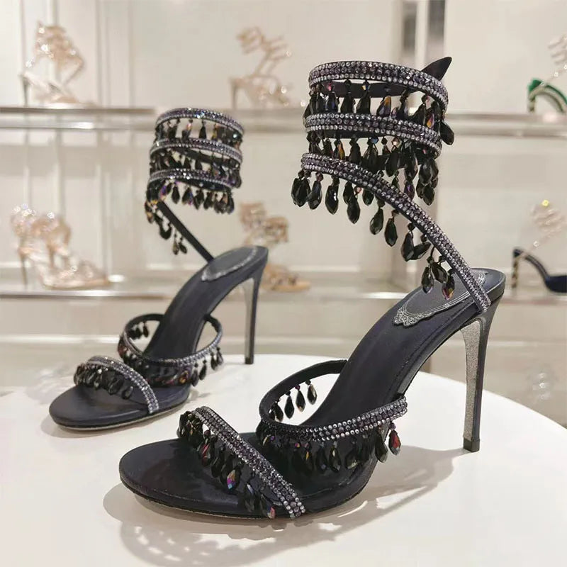 Sexy High Heels Gladiator Sandals Women Crystal String Bead Snake Twine Around Ankle Strap Wedding Shoes Summer Sandals Woman