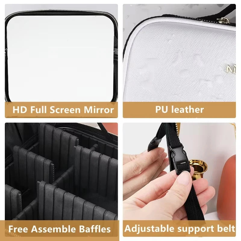 New LED Lighted Cosmetic Case with Mirror PU Leather Portable Travel Makeup Storage Bags