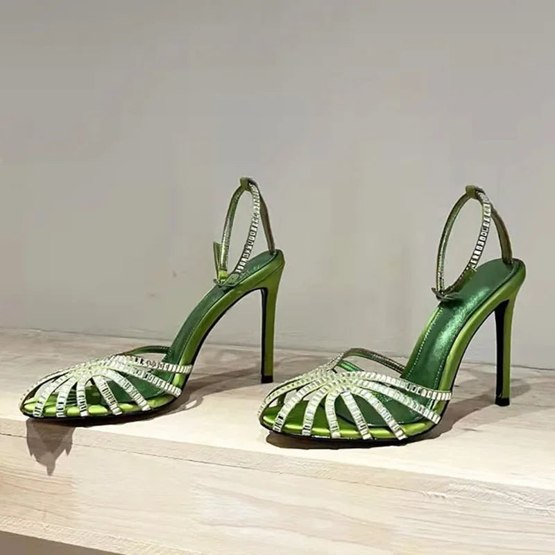 Rhinestone Sandals Woman High Heels Hollow Outs Summer Sandalias Woman Ankle Strap Crystal Shoes Women Stiletto Sandals Woman