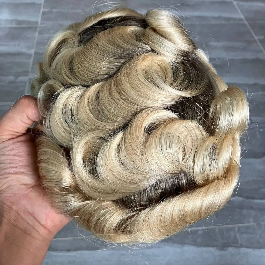 European Male Human Hair Brown Blonde Ombre Thin Skin Hair Toupee Vloop 0.06-0.08mm Durable Thin Skin Natural Hairline Men Wig