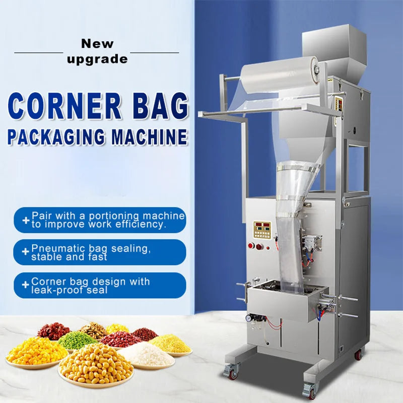 Fully Automatic Corner Bag Snack Granule Packing Stainless Steel Plastic Pouch Film Weighing Pneumatic Filling Packaging Machine