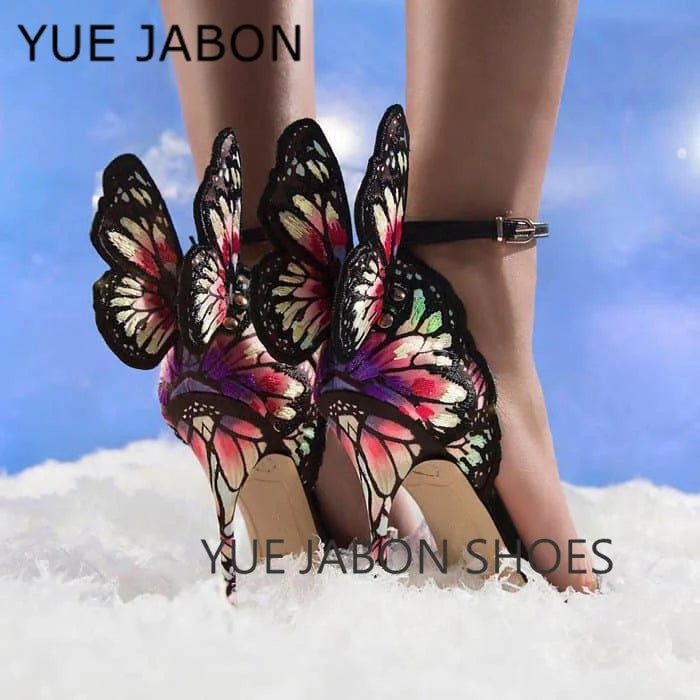 Black butterfly sandals leather metallic embroidered angel wings dress woman high heels open toe buckle strap lady thin pumps