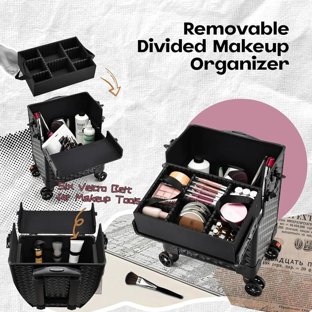 Professional Makeup Train Case on Wheels, Extra Large Cosmetic Case  Rolling Makeup Case Trolley Makeup Organizer with Wheels