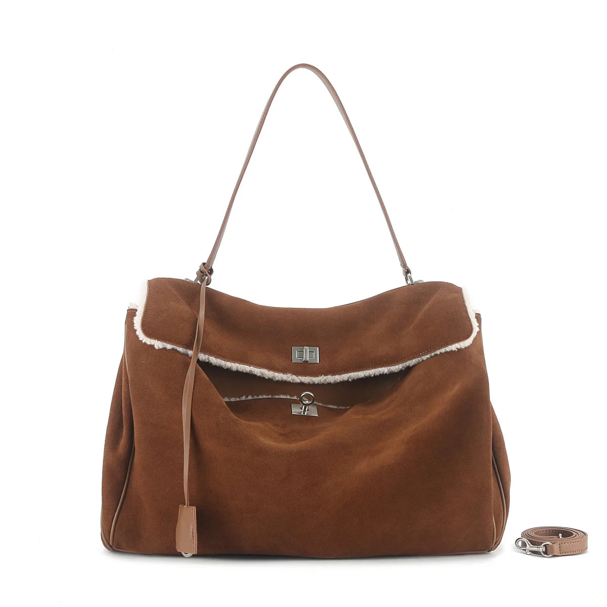 Winter Luxury Brand Women Bags Genuine Leather Brown Suede Women Totes Gold Buckle Women Shoulder Bags Fashion Women Handbags