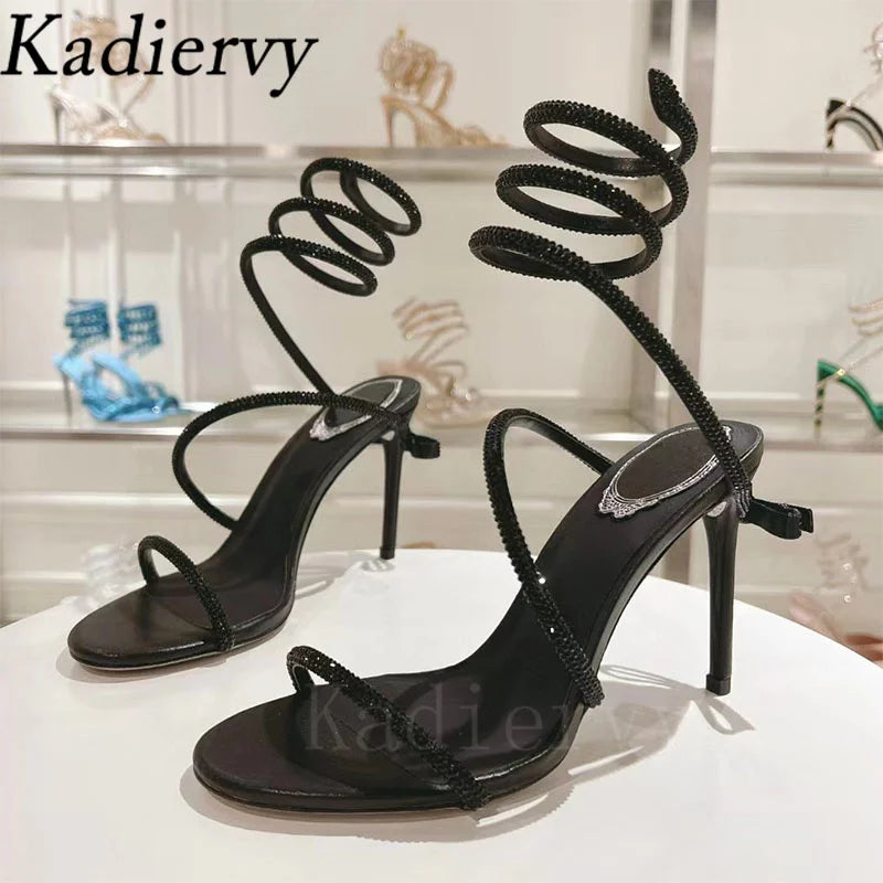 Summer High Heels Sandals Woman Crystal Snake Twine Around Ankle Strap Wedding Shoes Stiletto Butterfly-knot Sandals For Women