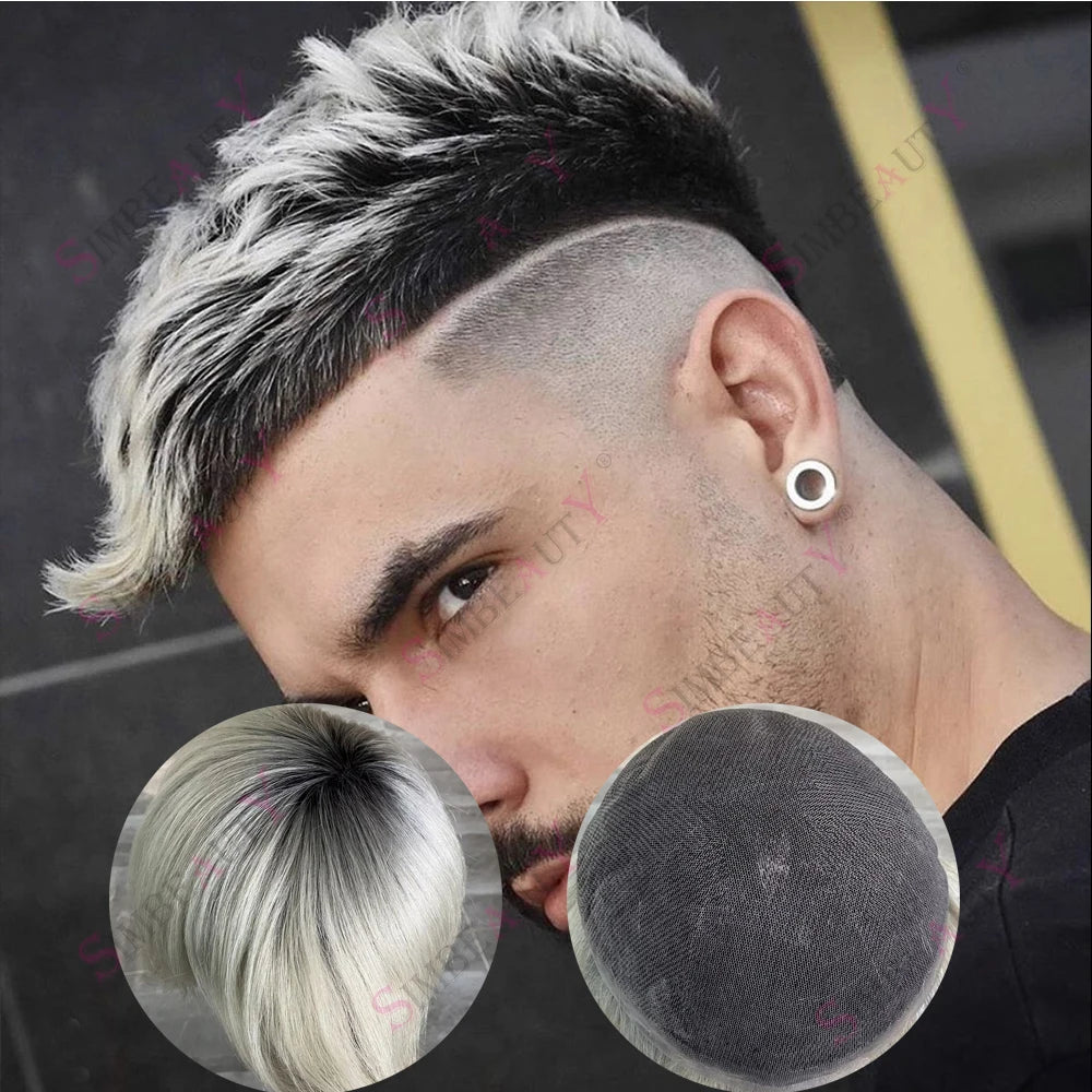 Men's Full French Lace Wig 100% Human Hair Ombre Platinum Blonde White Color 1BT60R Super Durable Natural Hairline Toupee System