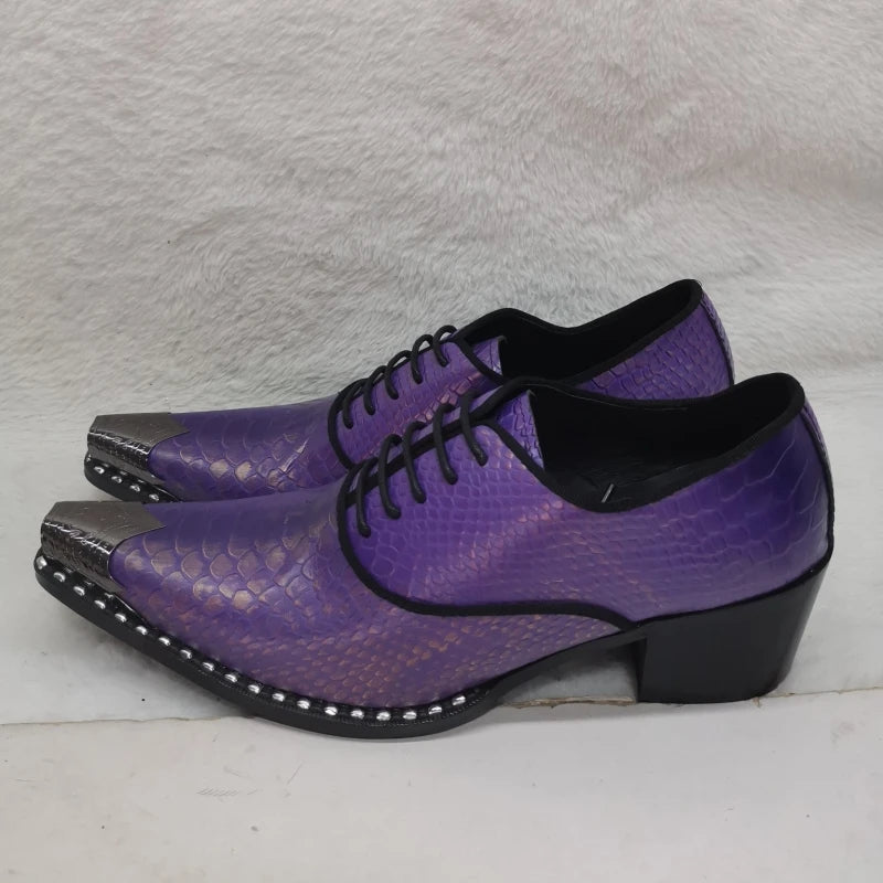 Purple Snake Grain Genuine Leather Shoes for Men Iron Pointed Toe Business Dress Shoes High Heels Luxury Lace Up Party Shoes