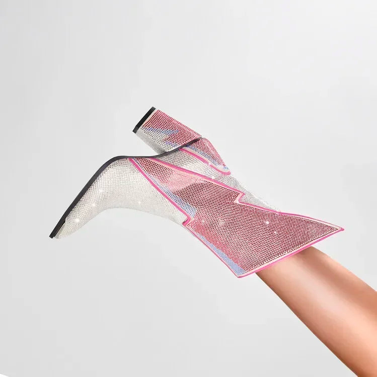 High Quality European and American Designer Runway Shoes 2023 Sexy Shaped High Heels, Fashionable Flame Rhinestone Short Boots