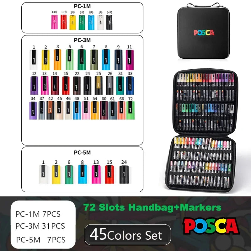 POSCA Acrylic Markers Organized in Bags, 0.7-2.5mm School Coloring Pens, Handy Original Japanese Professional Art Paint Supplies