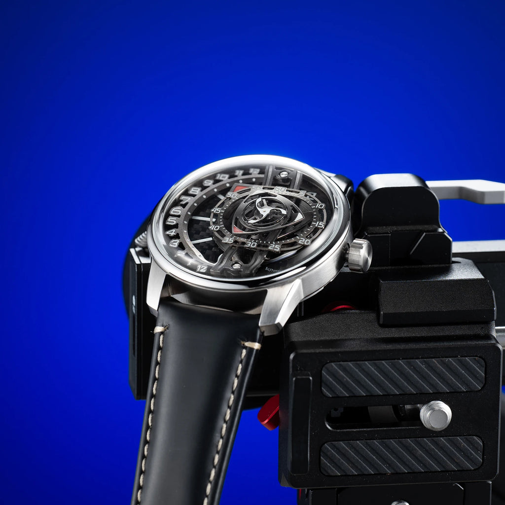 OBLVLO Fashion Men's Automatic Watch Forged Carbon Rotor Analog Display Luminous Hands Waterproof Leather Band Mechanical Watch.