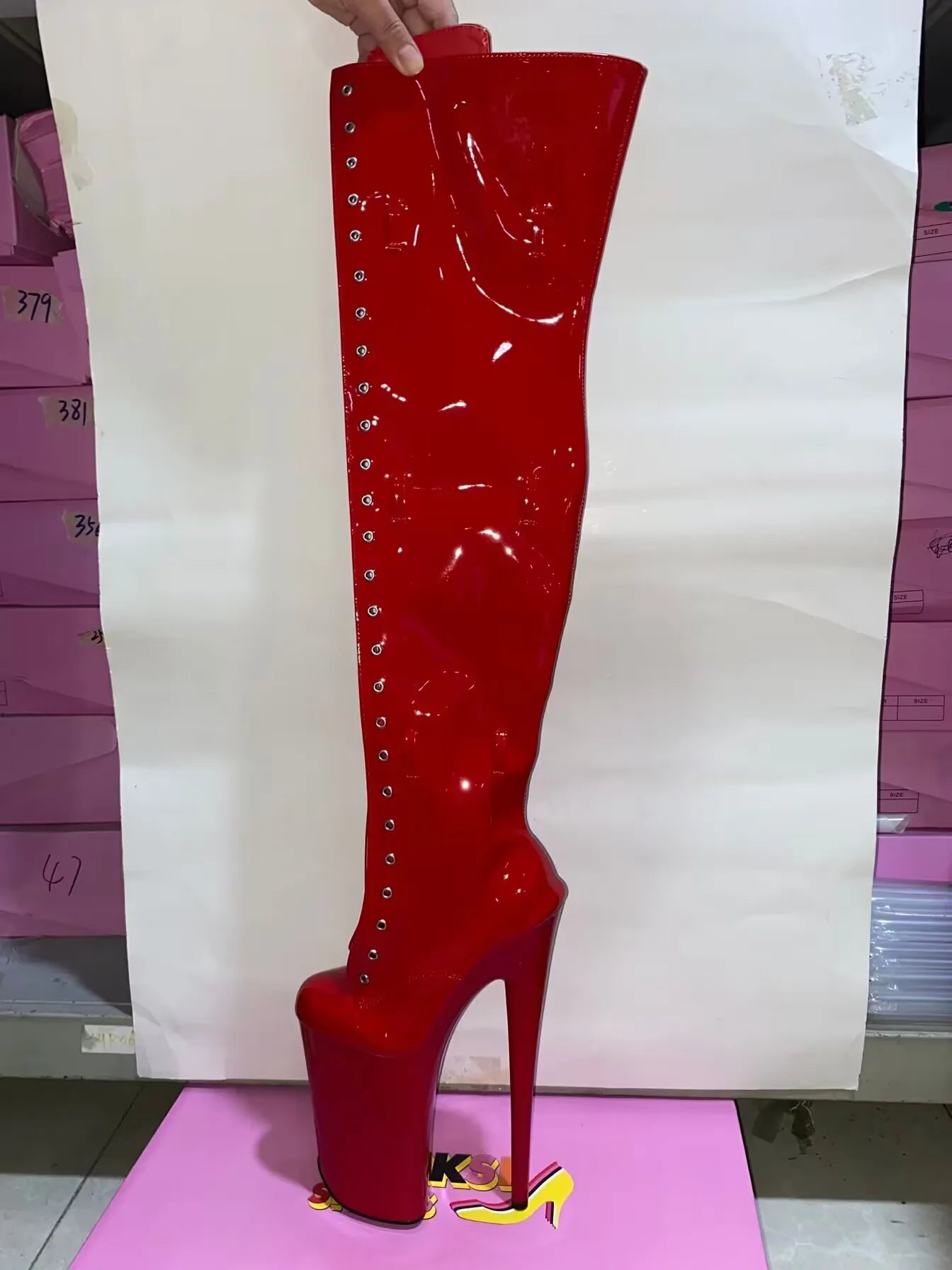 Pink 12-23cm high heels, buckle size adjustment, round head dancer fashion sexy runway performance, to thigh boots