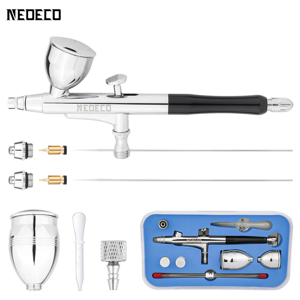 Dual-Action Airbrush With Auto-Centering Nozzle, 7cc 13cc Cups, 0.2/0.3/0.5mm needle for Modeling Makeup Nail Art Painting Tool