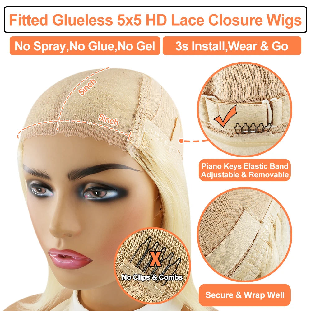200% Ashy Blonde Colored Glueless Wigs For Women Kinky Curly Brazilian Virgin Human  Hair Wigs Pre-cut Lace Closure Wig Prepluck