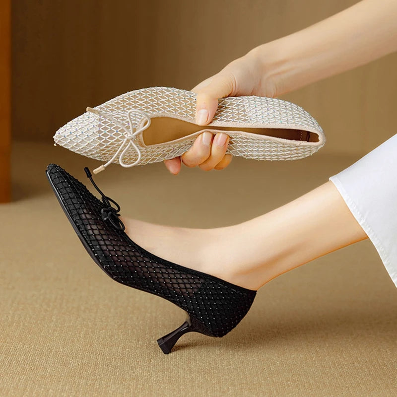 NEW Spring/Autumn Women Pumps Pointed Toe Thin Heel Shoes Sweet Mesh Shoes for Women Elegant Bow-knot Shallow Slip-on High Heels