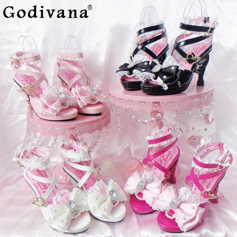 Original Lo Fish Mouth Sandals New Summer Girls Women's Rhinestone Satin Bow High Heel Sandals Sweet Lace Bow Lolita High Heels